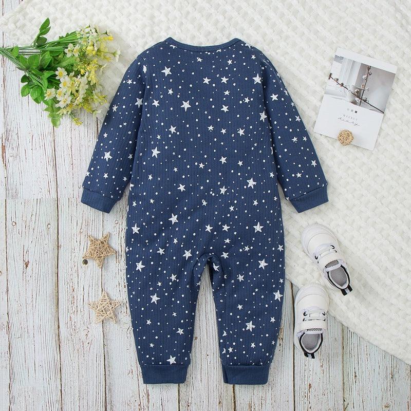 Baby Boys Solid Star Moon Printed Long Sleeve Jumpsuit