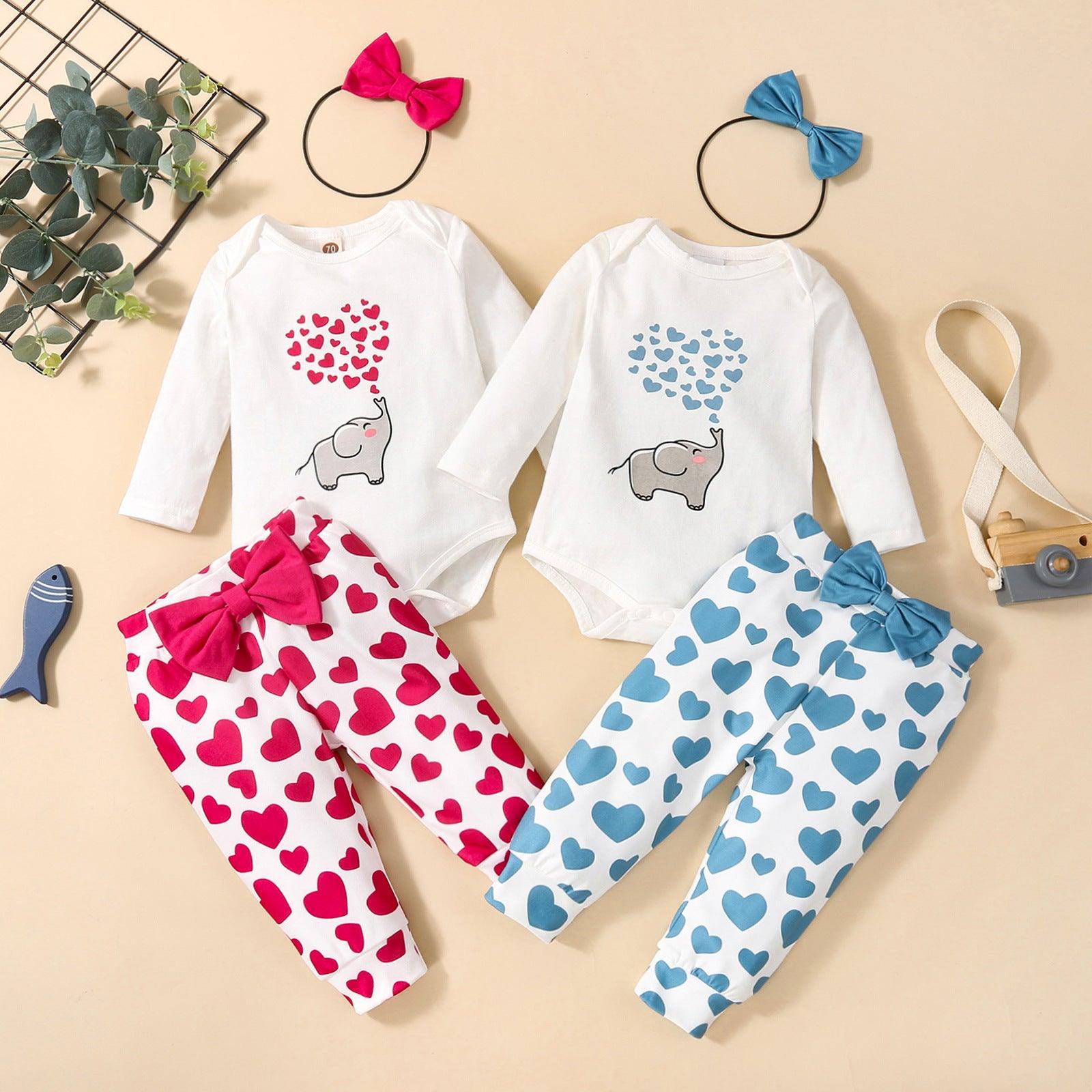 Baby Girl Cartoon Elephant Solid Color Top Love Printed Pants Set