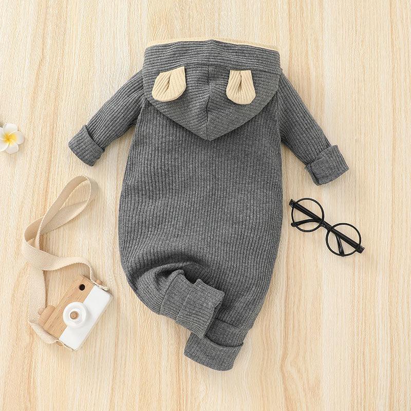 Baby Boys Girls Solid Color Long Sleeved Knitted Hooded Jumpsuit Creeper