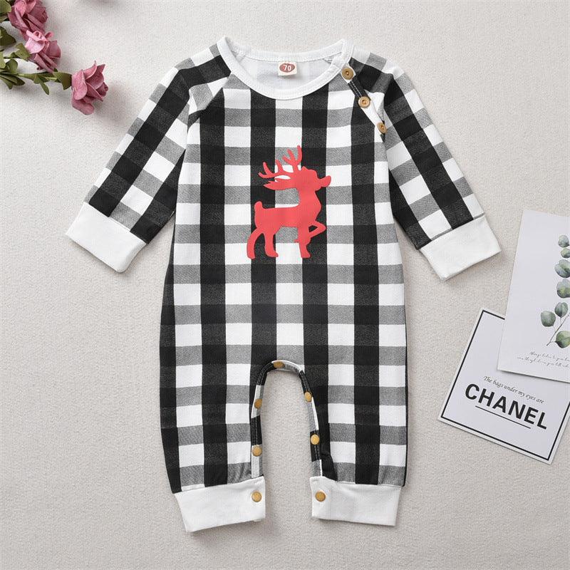 Baby Boys Girls Plaid Print Christmas Deer Long-sleeved Jumpsuit