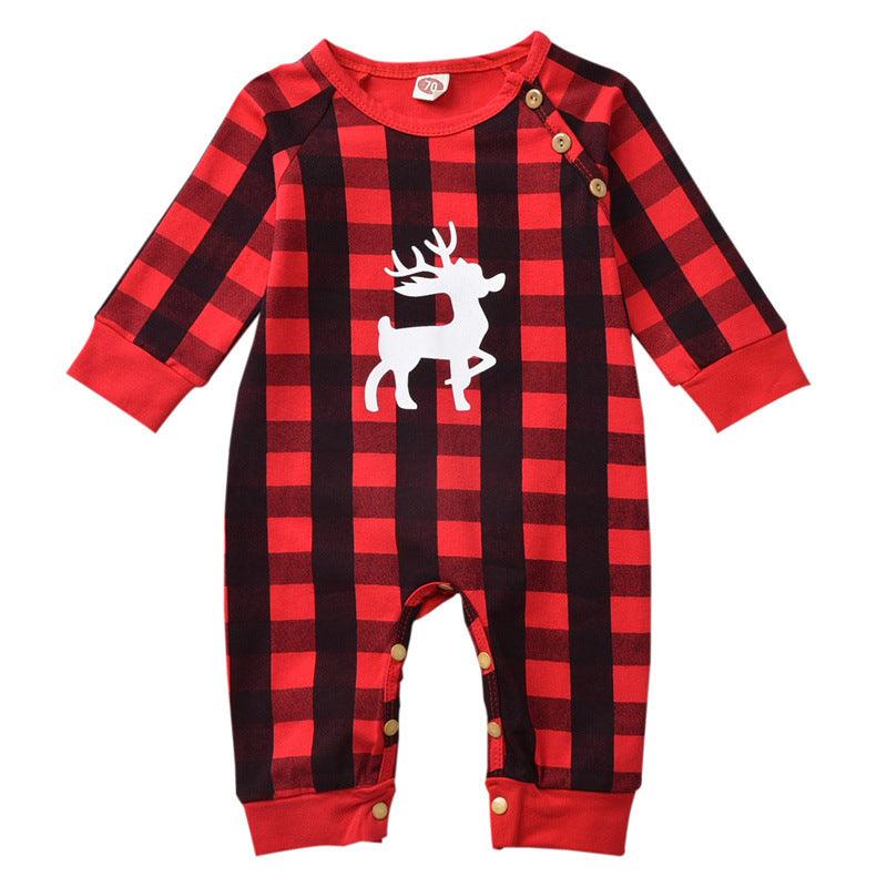 Baby Boys Girls Plaid Print Christmas Deer Long-sleeved Jumpsuit