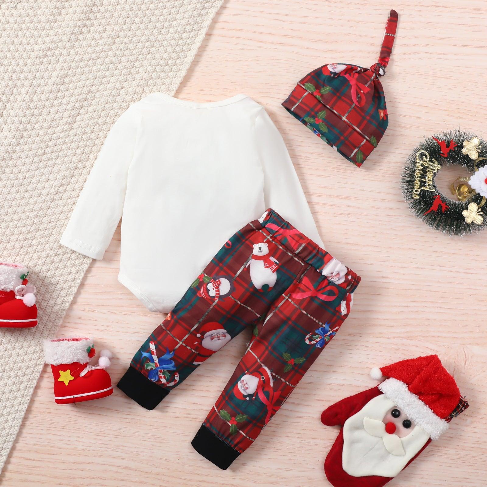 Baby Boys Long Sleeve Plaid Printed Bow Tie Jumpsuit Trousers Christmas Suit