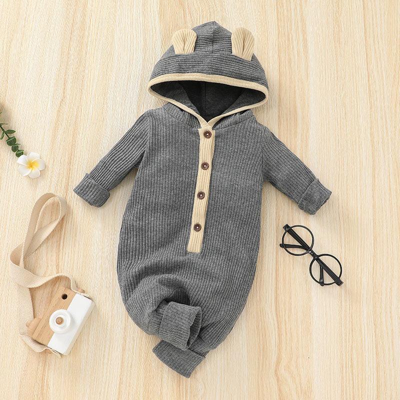 Baby Boys Girls Solid Color Long Sleeved Knitted Hooded Jumpsuit Creeper