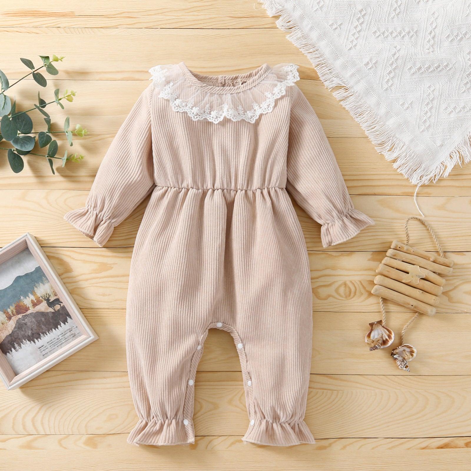 Baby Girls Corduroy Lace Neckline Solid Color Long-sleeved Jumpsuit