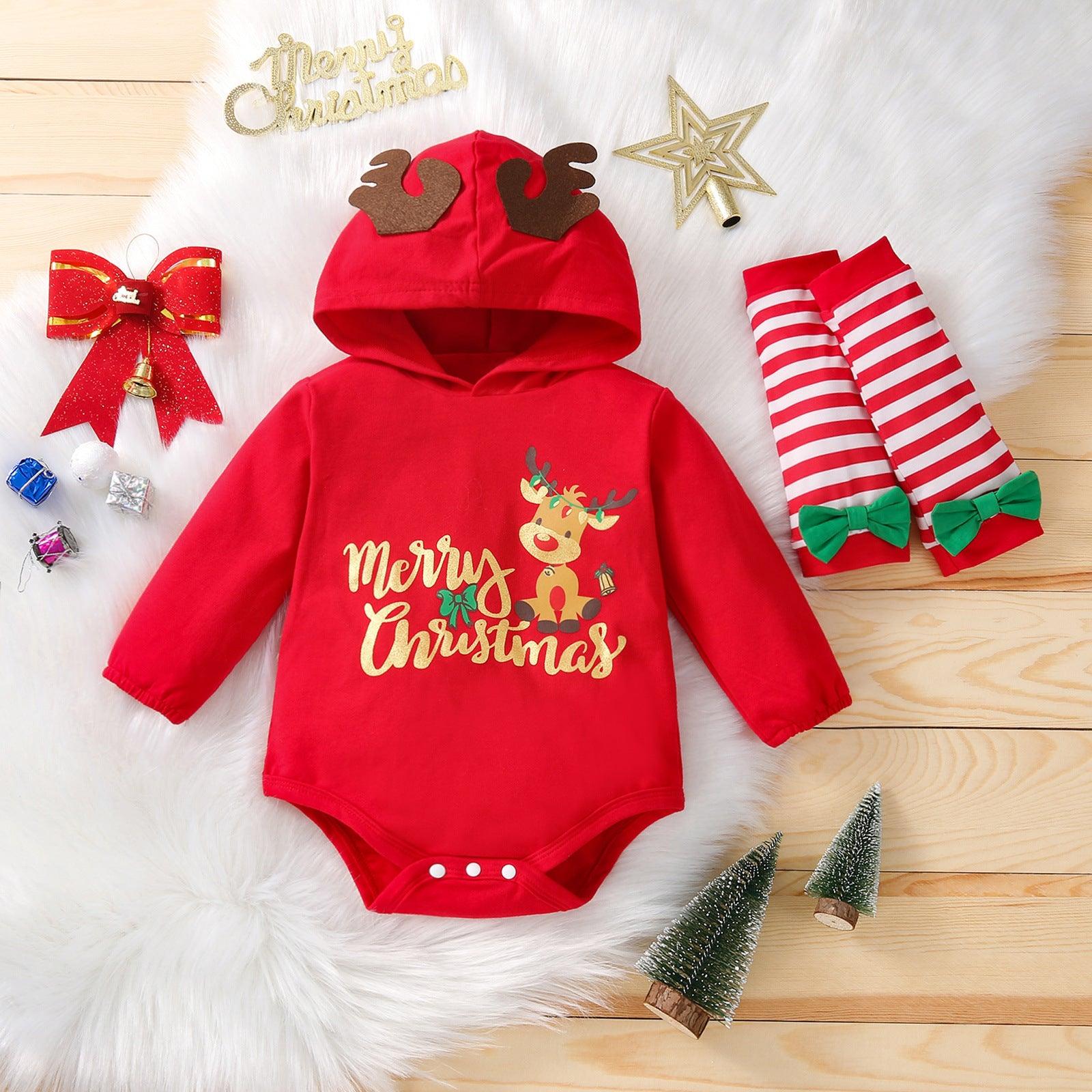 Baby Boys Girls Christmas Letter Printed Antler Hoodie Bodysuit Sock Set