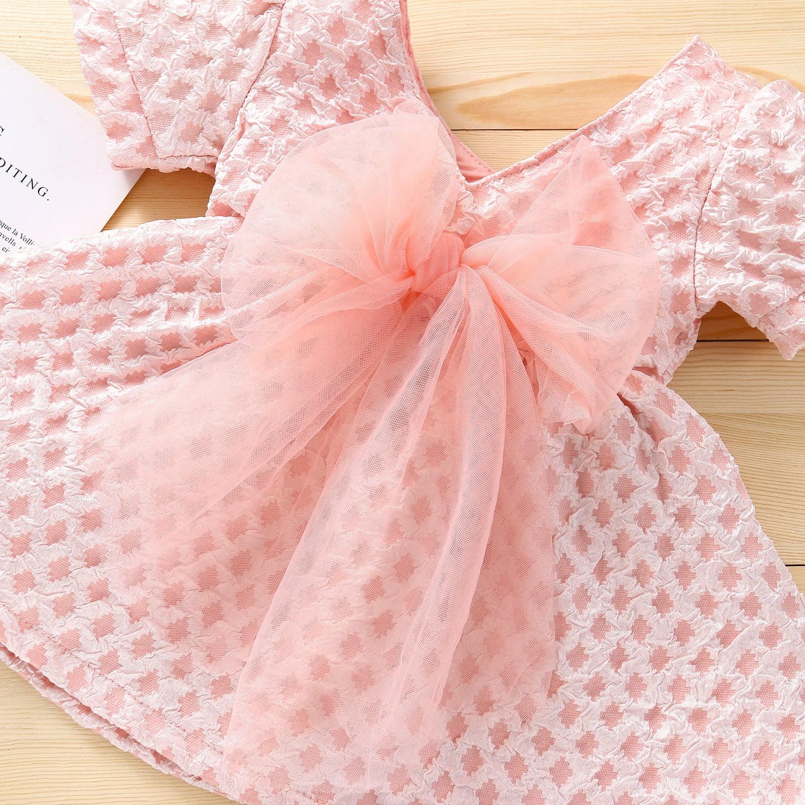 6months-4years Baby Girl Party Dresses V-Neck Solid Color Mesh Bow Short Sleeves Wholesale Baby Clothes In Bulk