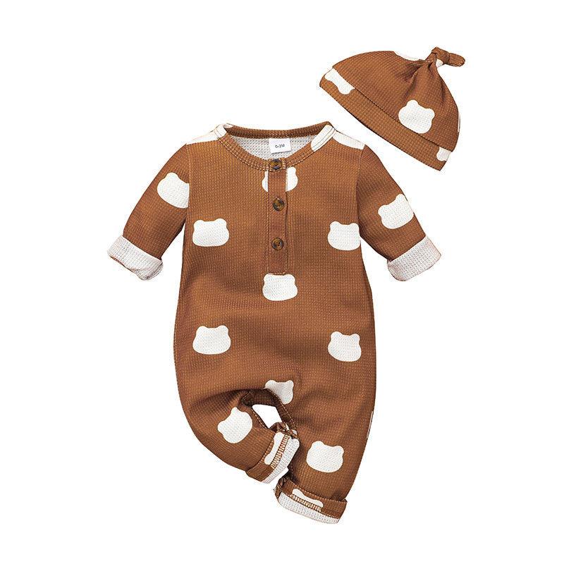 Baby Boys Girls Solid Color Lovely Printed Long Sleeve Jumpsuit Hat Set