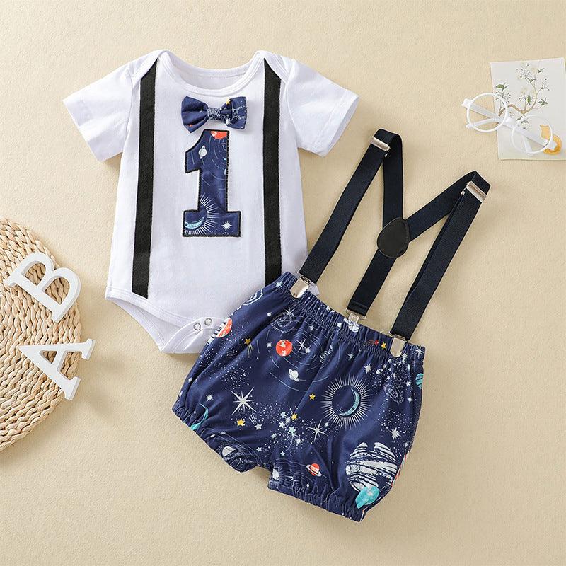 Baby Boys Solid Color Digital Planet Print Round Neck Bodysuit Suspender Pants Set