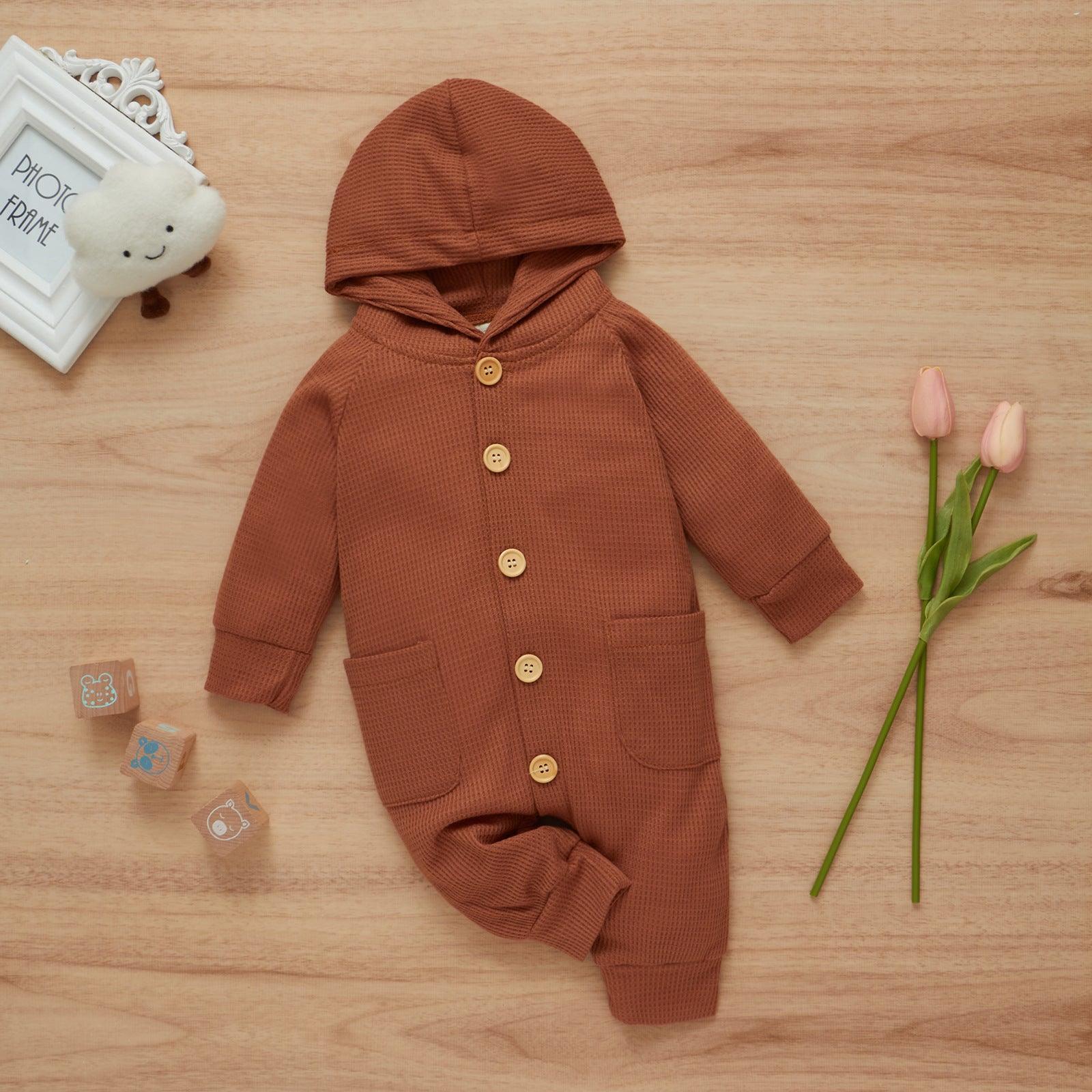 Baby Boys Girls Solid Color Long Sleeve Wool Waffle Hooded Jumpsuit