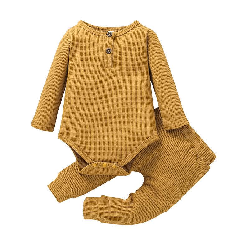 Baby Boys Girls Solid Color Knitted Striped Pullover Long Sleeve Set