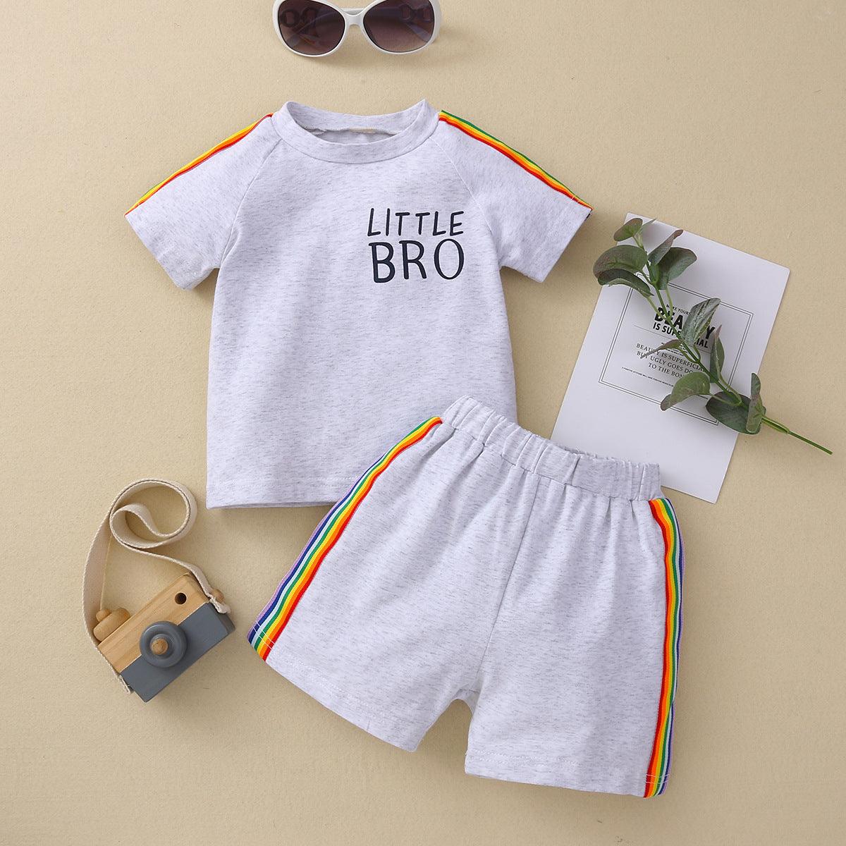 Baby Boys Solid Color Little Bro Letters Printed Rainbow Patchwork Short-sleeved Suit