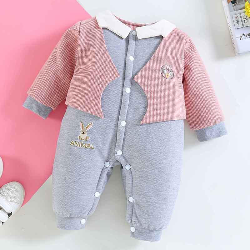 Baby Boys Girls Long Sleeved Cotton False Two-piece Set Thickened Warm Jumpsuit