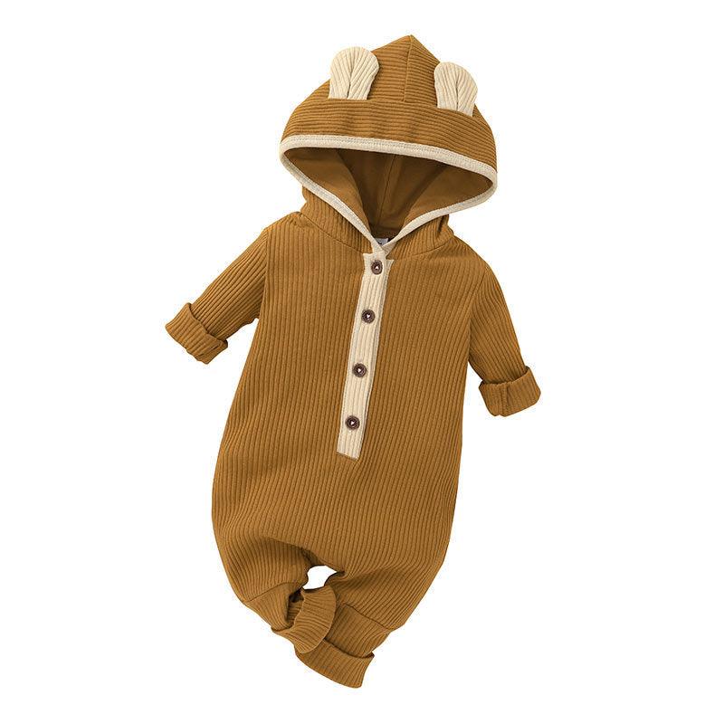 Baby Boys Girls Solid Color Long Sleeved Knitted Hooded Jumpsuit Creeper