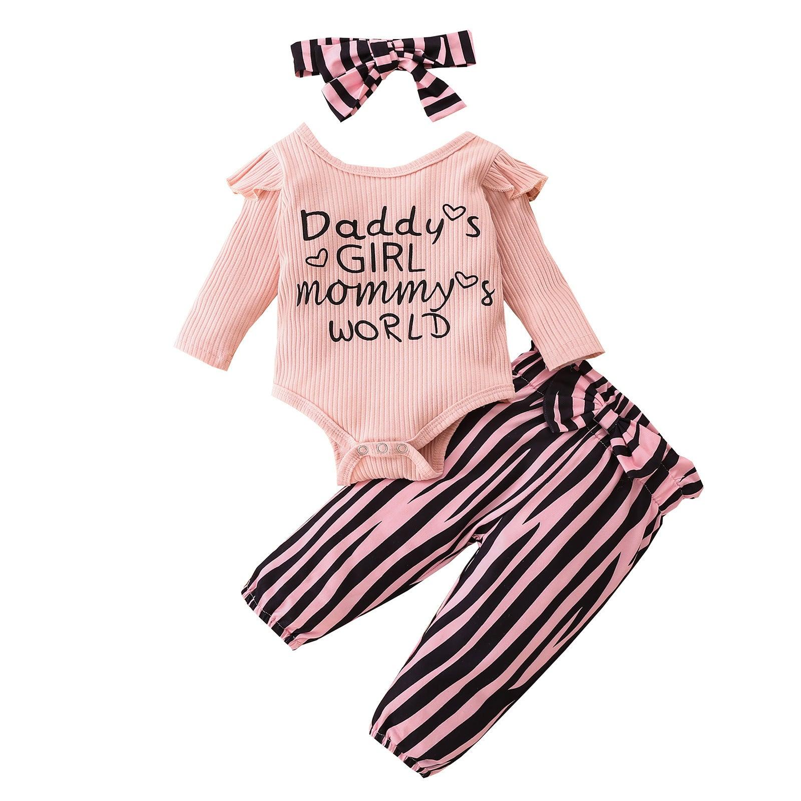 Baby Girls Alphabet Print Jumpsuit Striped Trousers Hair Accessories Three Piece Valentine's Day Dress