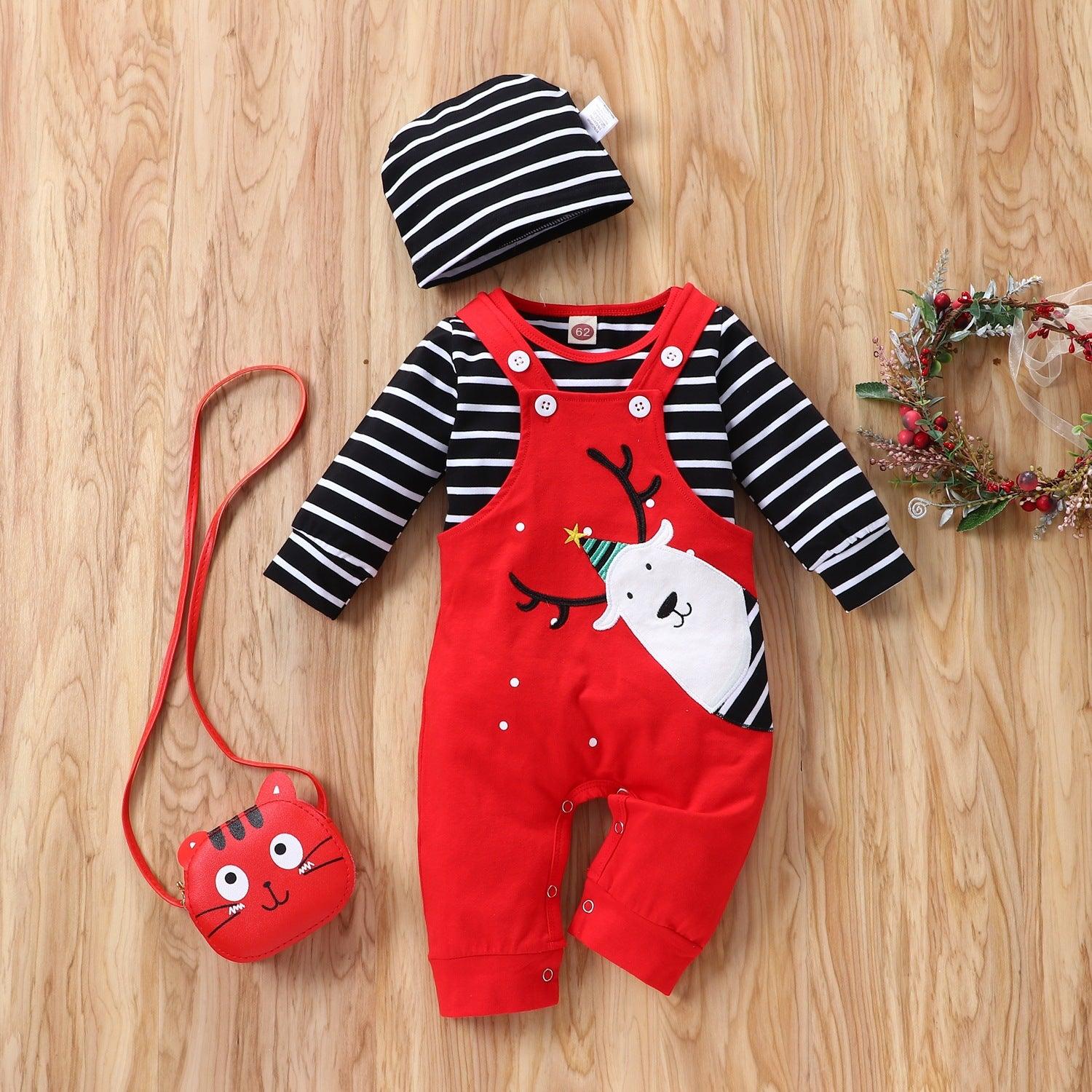 Baby Christmas Dress Long Sleeve Striped Elk Suit