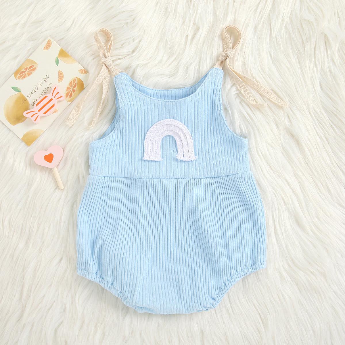 Baby Boys Girls Solid Color Knitted Rainbow Embroidery Suspender Bodysuit