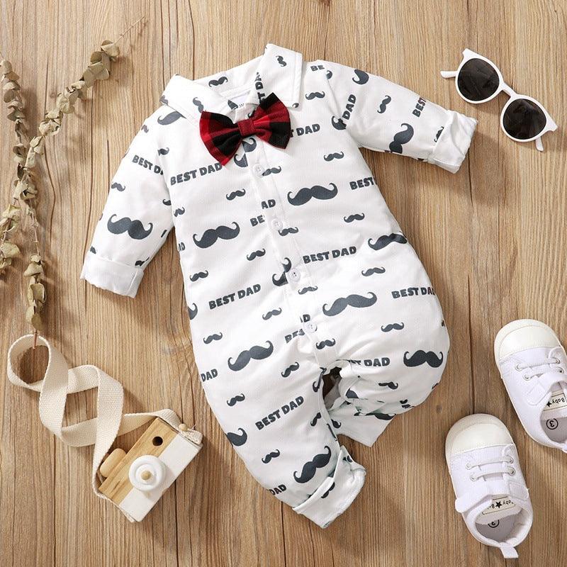 Baby Boys Cartoon Beard Print Bow Tie Bow Tie Long-sleeved Jumpsuit