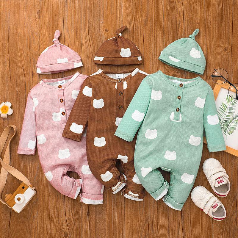 Baby Boys Girls Solid Color Lovely Printed Long Sleeve Jumpsuit Hat Set