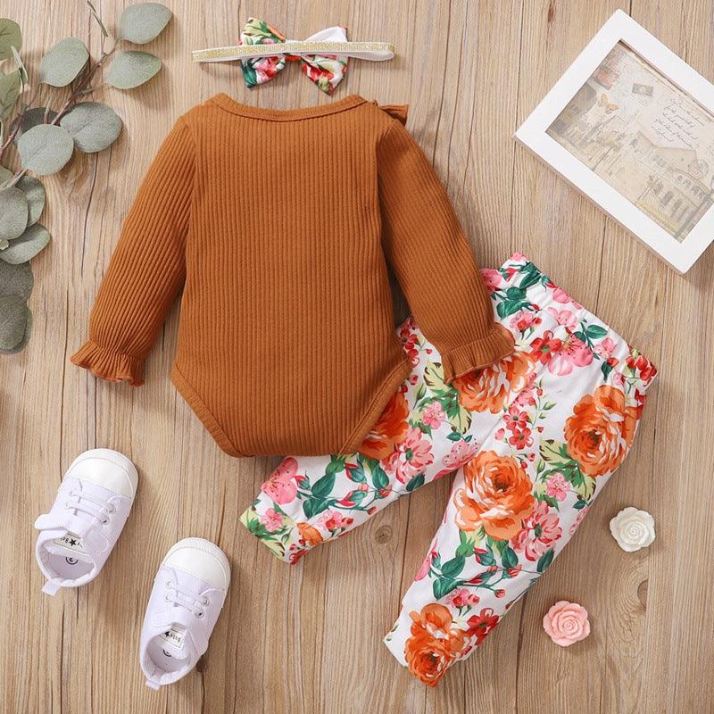 Baby Girls Brown Ruffled Long Sleeved Jumpsuit Flower Printed Pants Hair Band Set