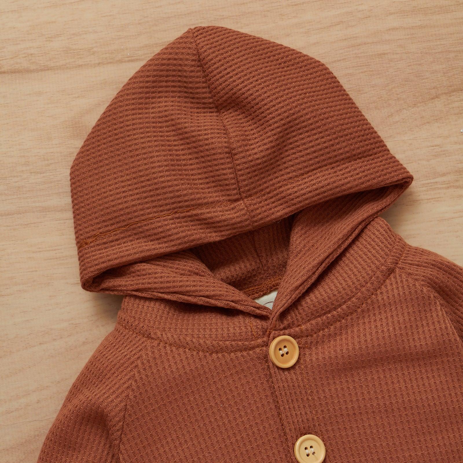 Baby Boys Girls Solid Color Long Sleeve Wool Waffle Hooded Jumpsuit