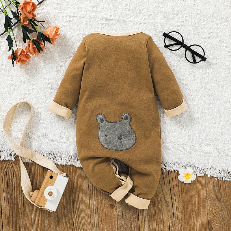 Baby Boys Solid Color Long Sleeve Cartoon Bear Jumpsuit