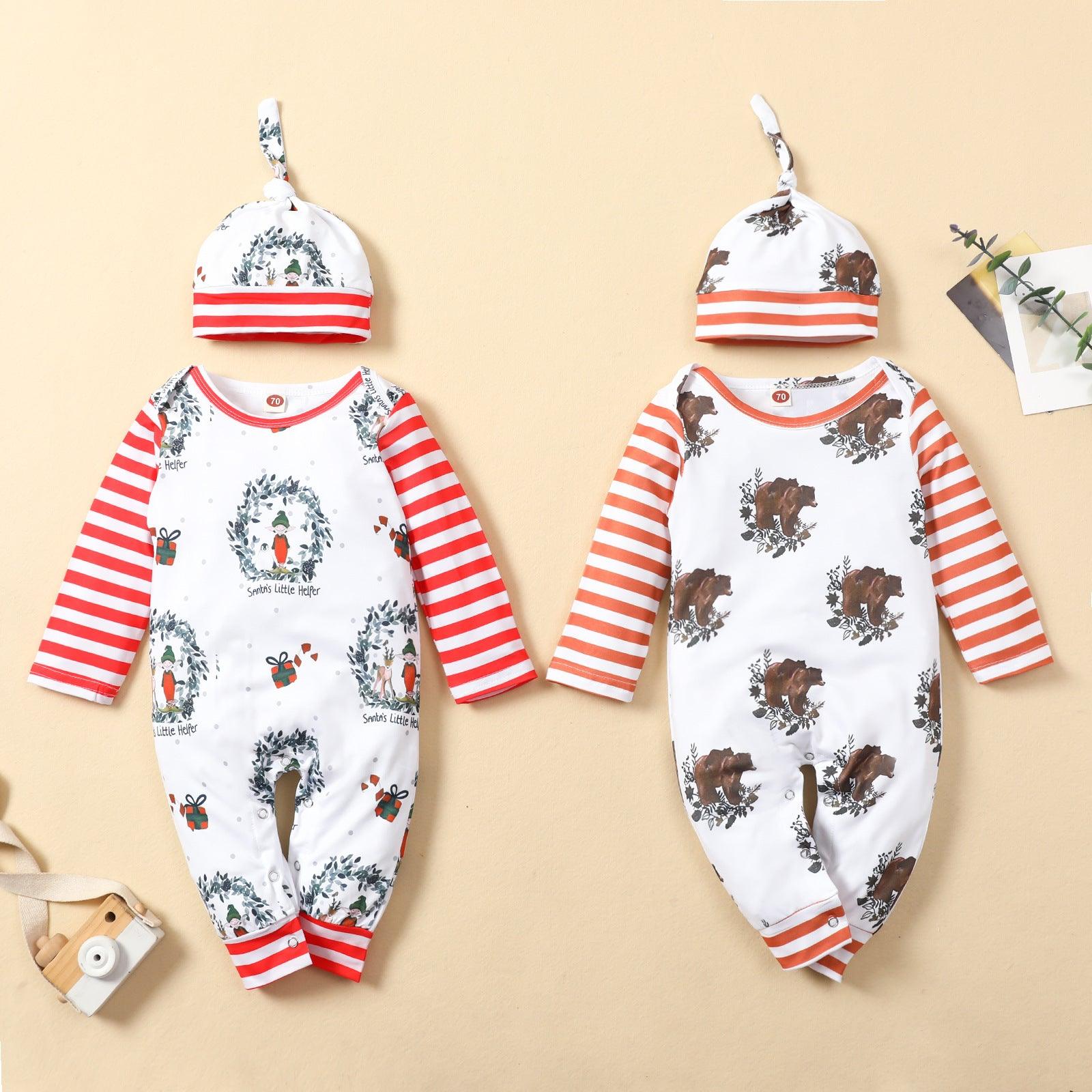 Baby Boys Girls Cartoon Print Stripe Long Sleeved Jumpsuit Christmas Dress