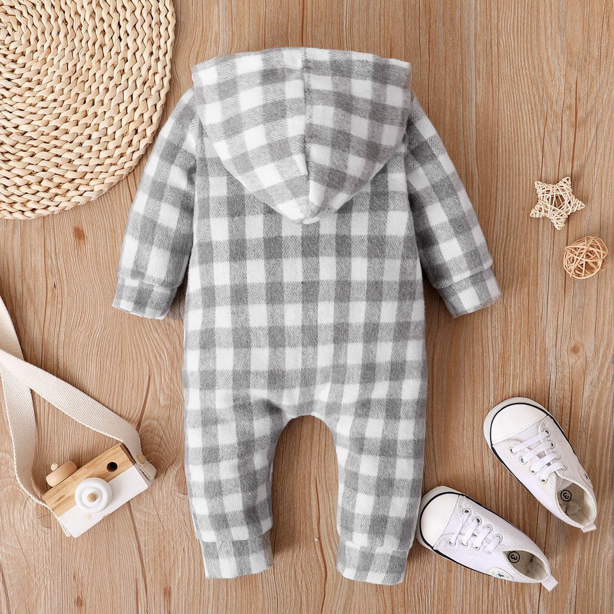 Baby Boys Girls Plaid Print Hooded Long Sleeved Jumpsuit