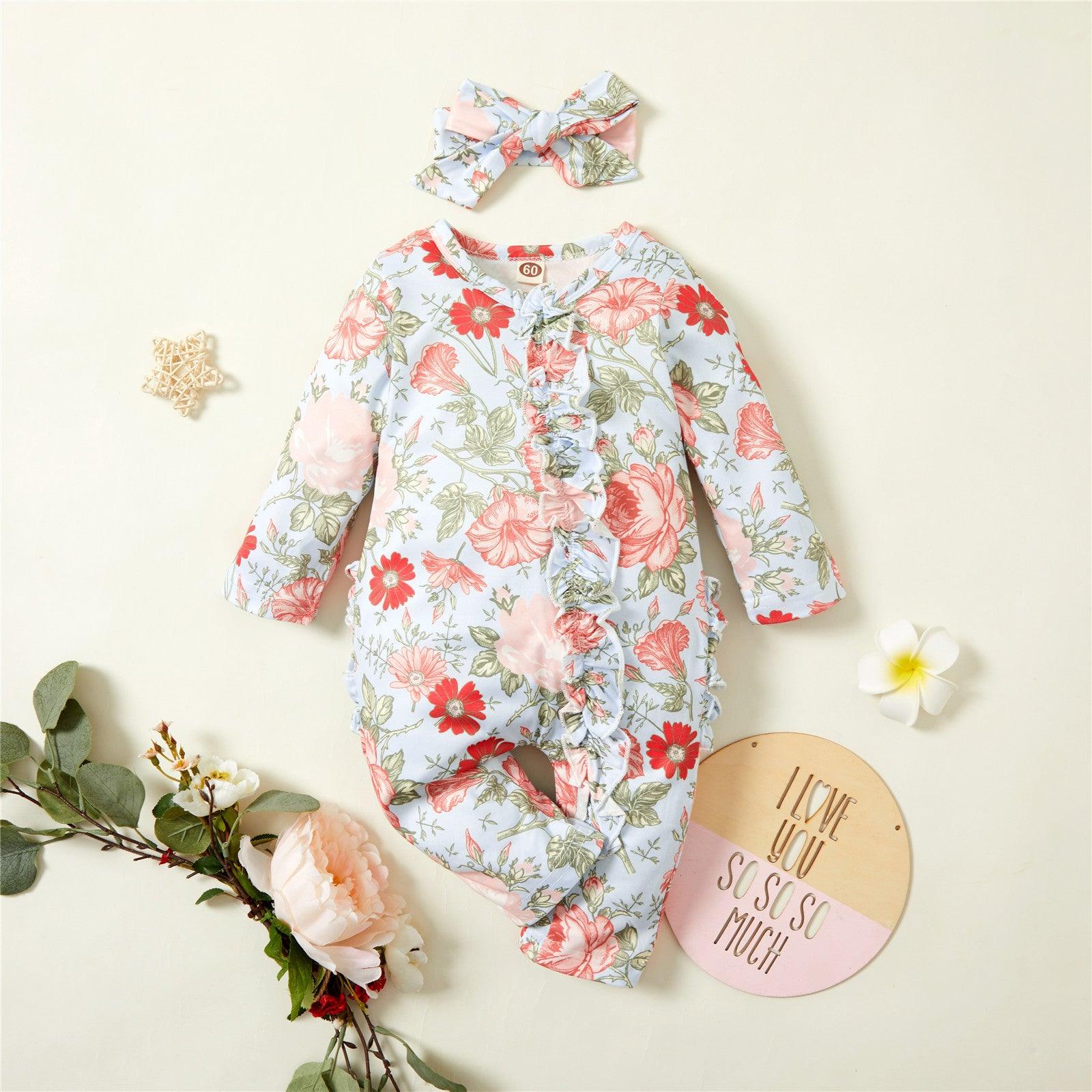 Baby Girls Flower Print Zipper Jumpsuit