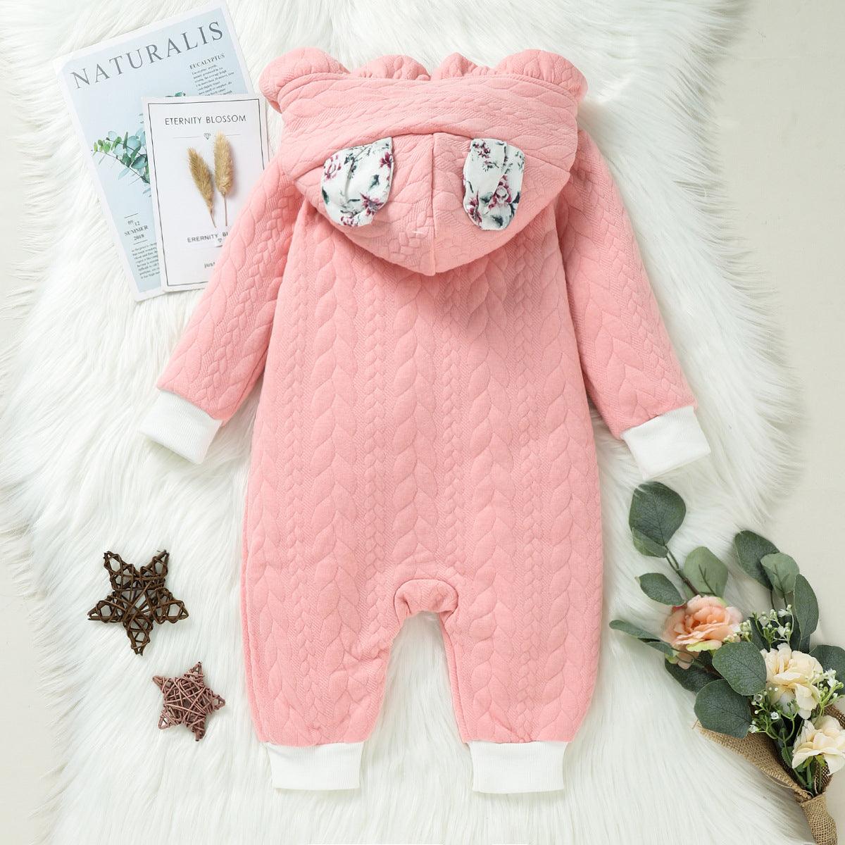 Baby Girl Solid Color Cartoon Rabbit Long Sleeve Hooded Jumpsuit