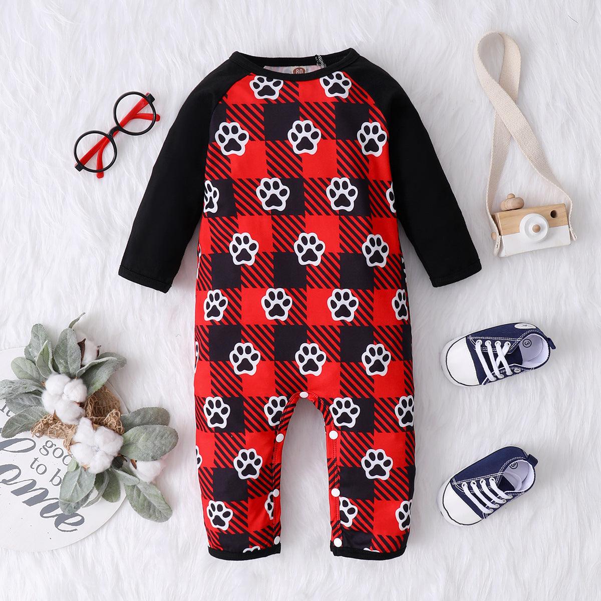 Baby Boys Cute Footprints Printed Plaid Long Sleeve Jumpsuit