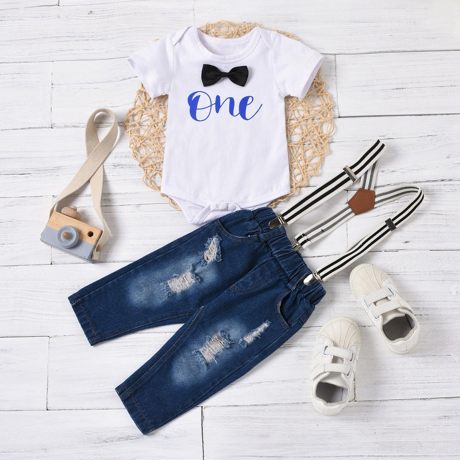 Baby Boys Solid Letter Print Bow Tie Short Sleeve T-shirt Strap Denim Pants Set