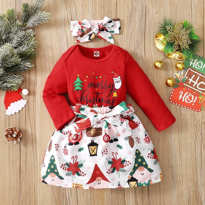 Baby Girls Christmas Printed Long Sleeved Jumpsuit Short Skirt Scarf Set