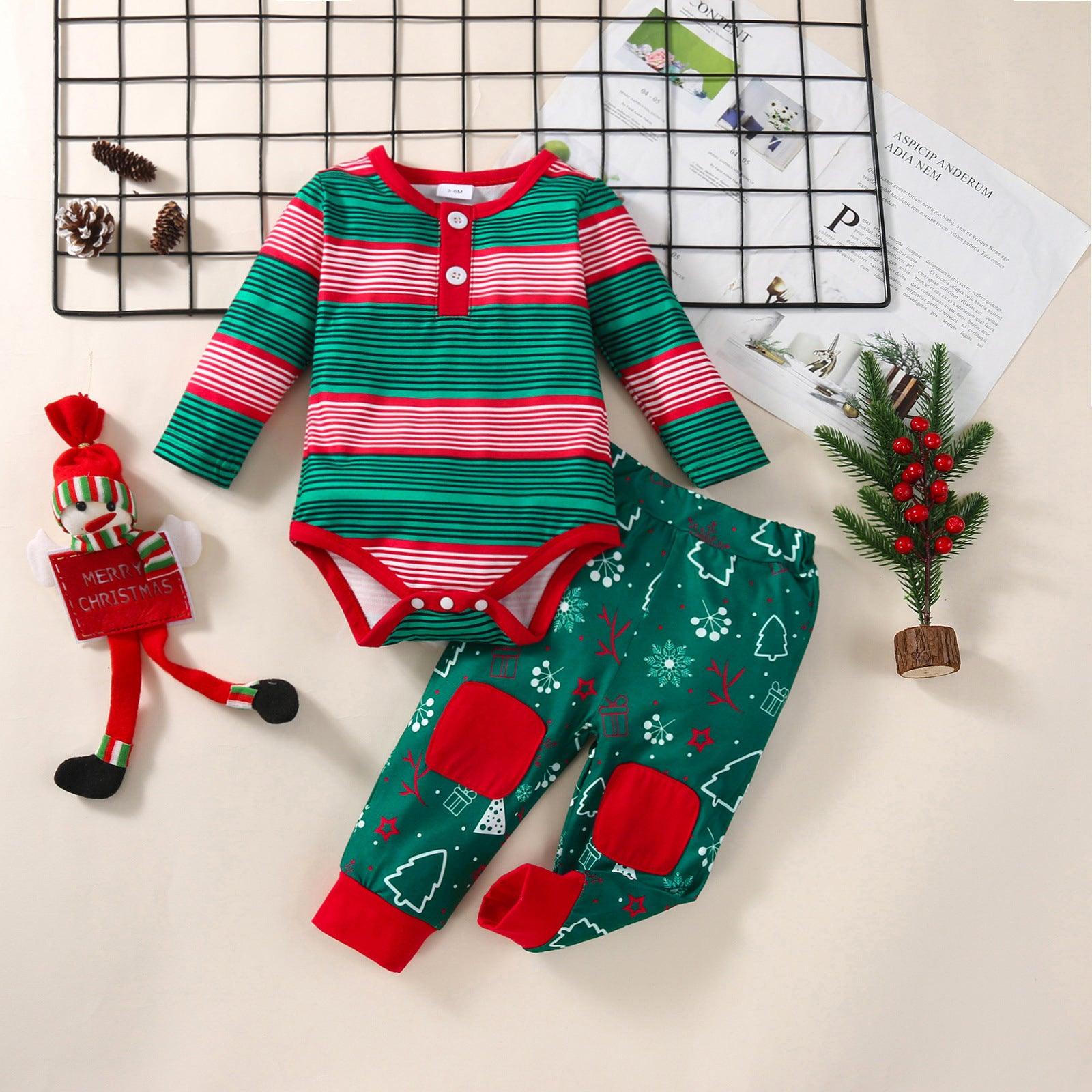 Baby Boys Long Sleeved Striped Jumpsuit Christmas Printed Pants Set