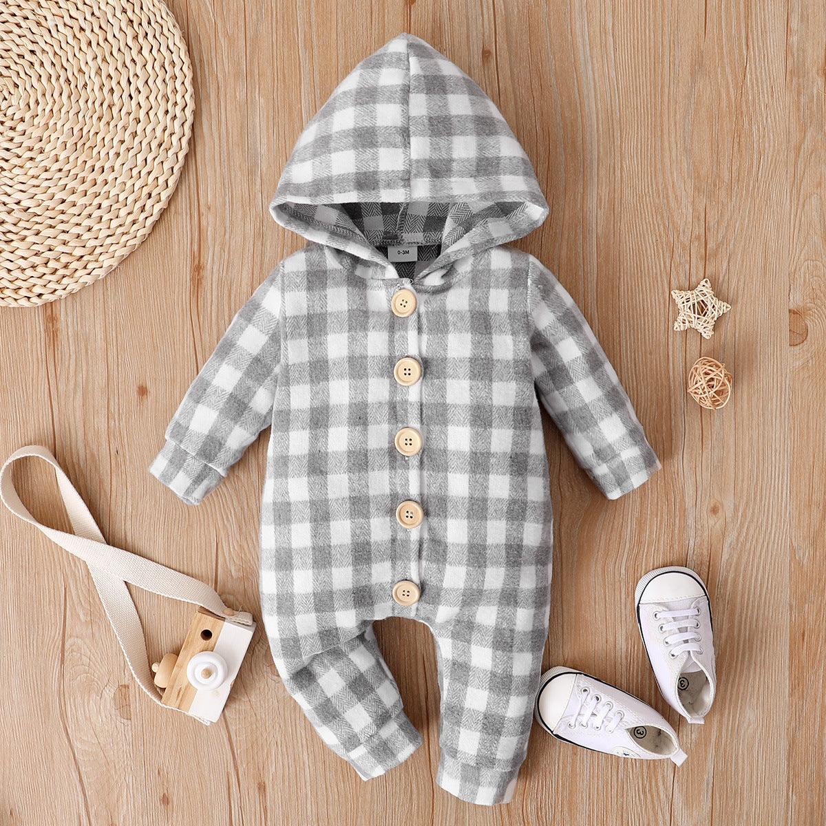 Baby Boys Girls Plaid Print Hooded Long Sleeved Jumpsuit