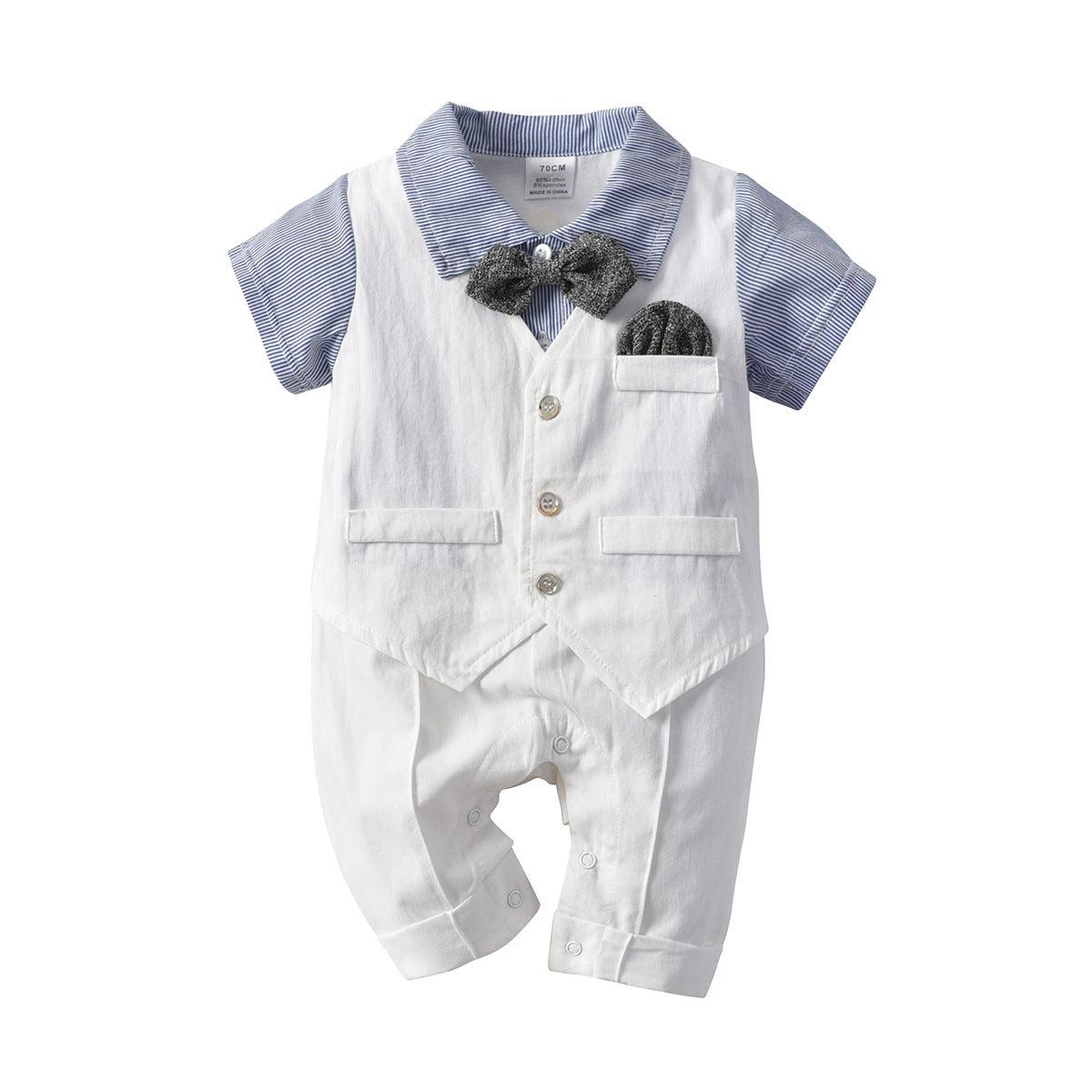 Baby Boys' Solid Color Fake Two-piece Waistcoat Bow Tie Gentleman's Short Sleeve Jumpsuit