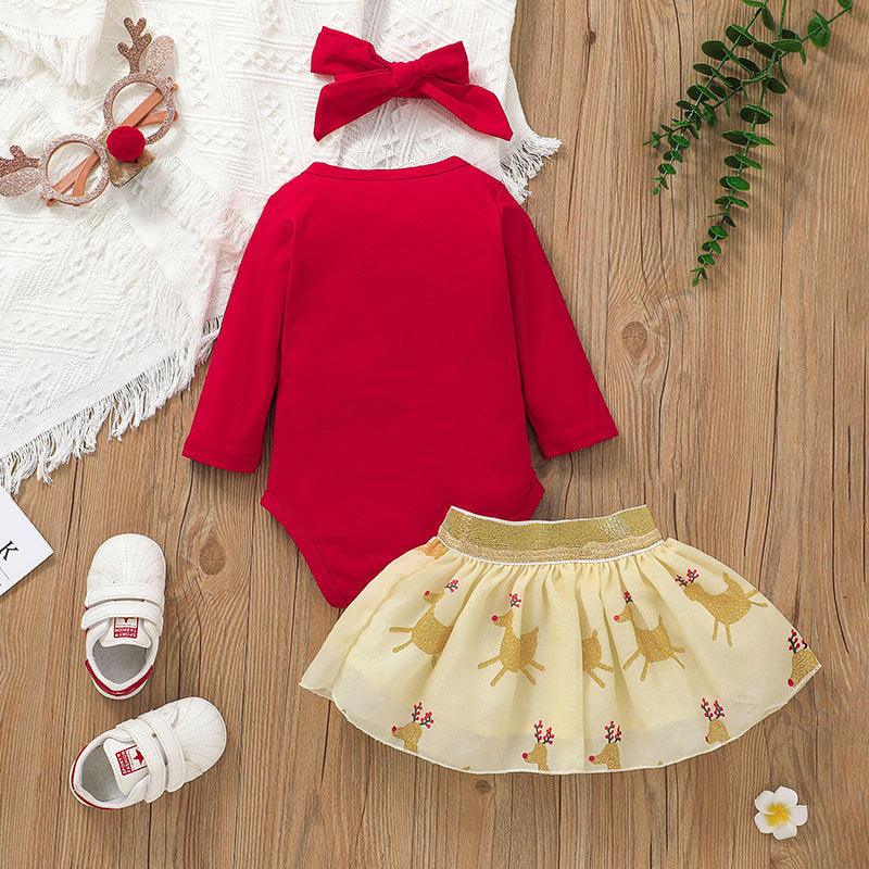 Baby Girls Christmas Long Sleeve Jumpsuit Mesh Skirt Set