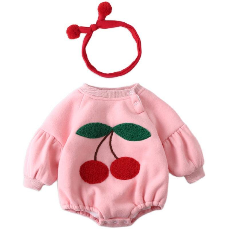 Baby Girls  Thick Velvet Cherry Printed Jumpsuit