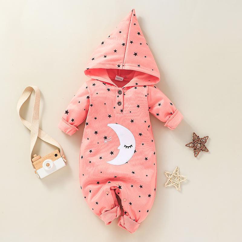 Baby Boys Girls Solid Lovely Moon Star Print Hoodie Jumpsuit