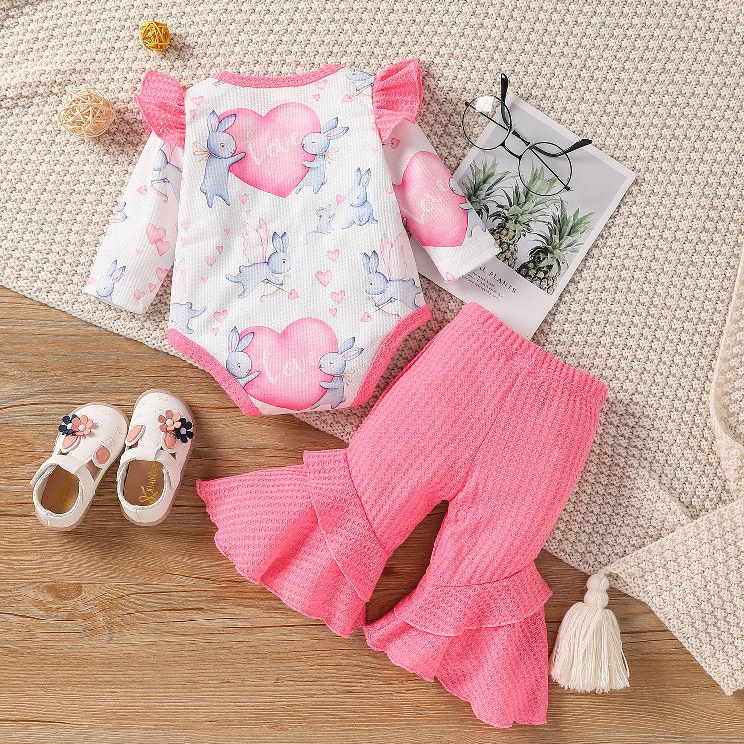 Baby Girls Cute Rabbit Print Long-sleeved Jumpsuit Solid Color Bow Flared Pants Set