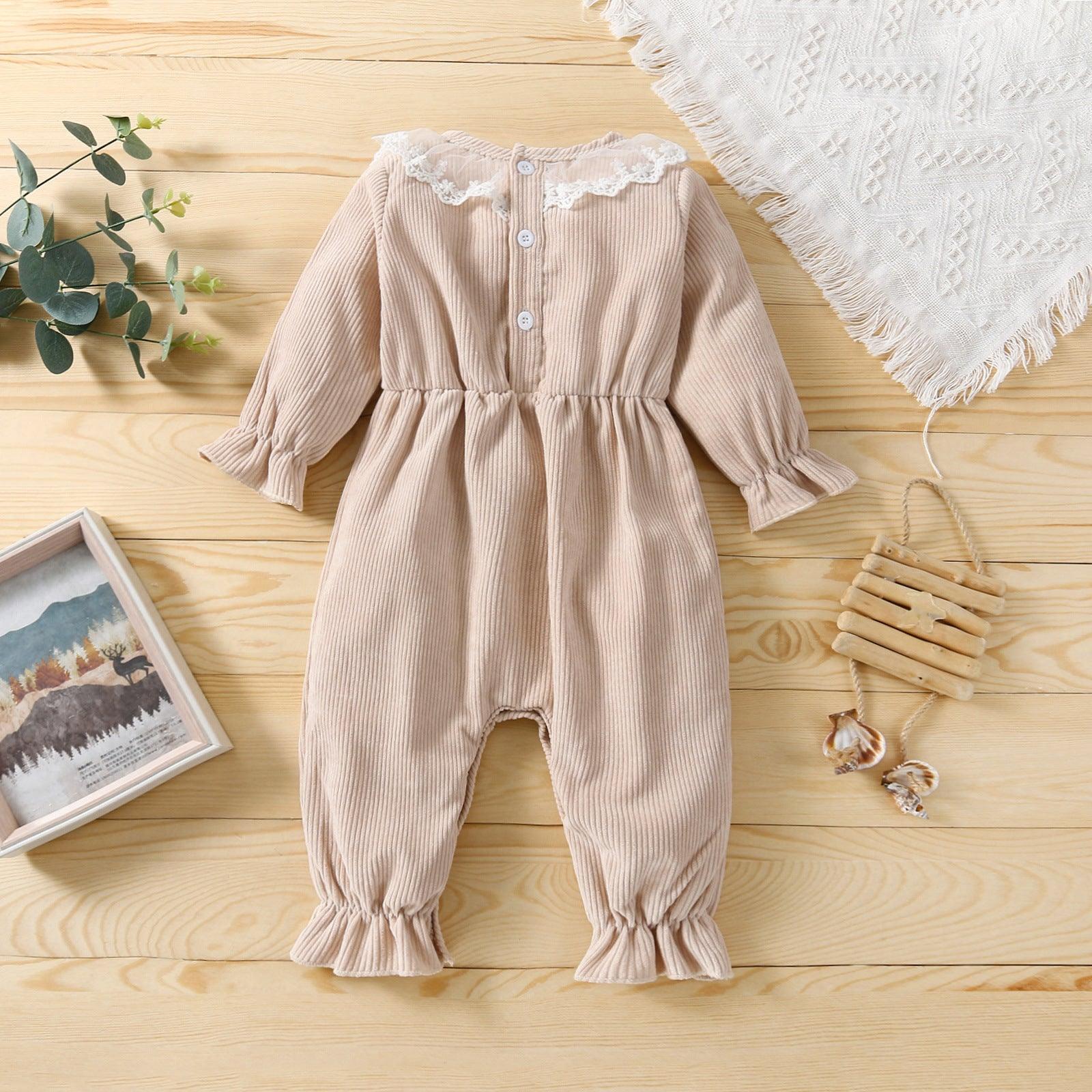 Baby Girls Corduroy Lace Neckline Solid Color Long-sleeved Jumpsuit