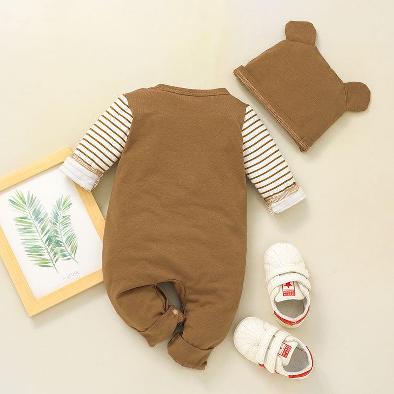 Baby Boys Long Sleeve Striped Cute Bear One-piece Suit Hat Set