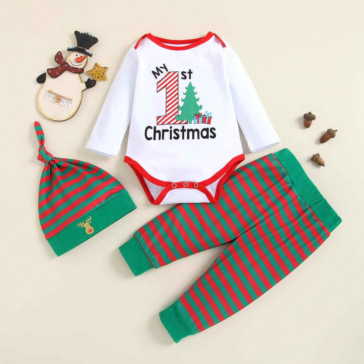 Baby Christmas Clothes Long Sleeved Jumpsuit Striped Trousers Hat Three Piece Set