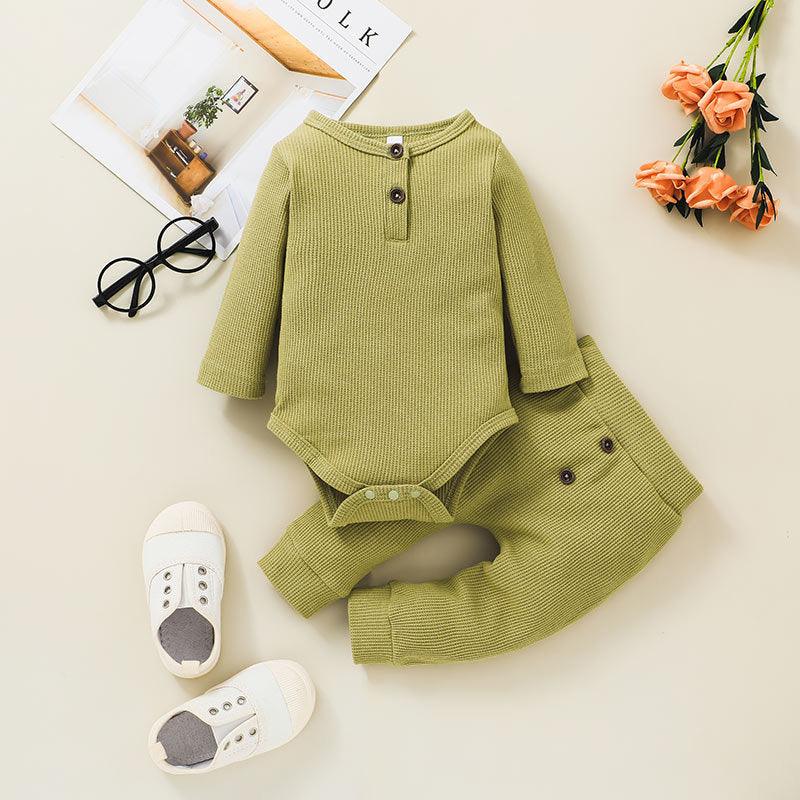 Baby Boys Girls Solid Striped Knitted Long Sleeved Jumpsuit Pants Set