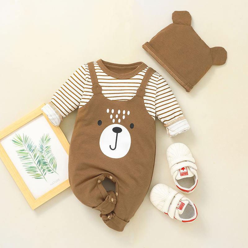 Baby Boys Long Sleeve Striped Cute Bear One-piece Suit Hat Set