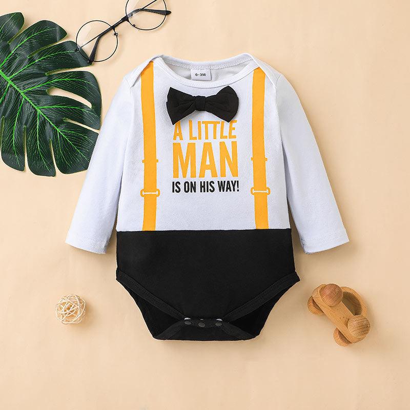 Baby Boys Solid Letter Print Bow Tie Gentleman Jumpsuit