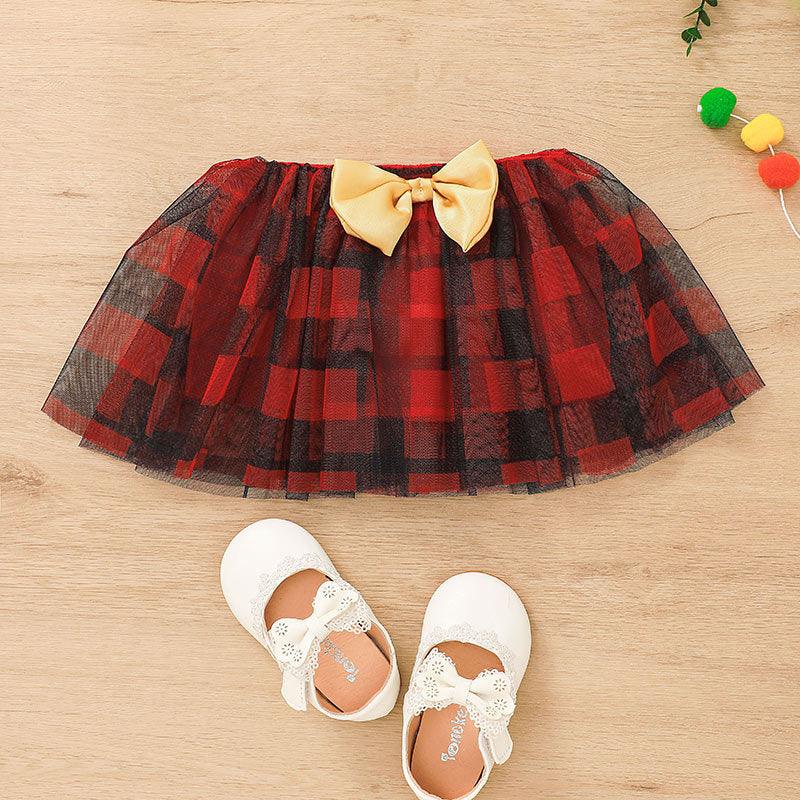 Baby  Girls Solid Color Cartoon Letters Printed Long Sleeved Top Plaid Mesh Short Skirt