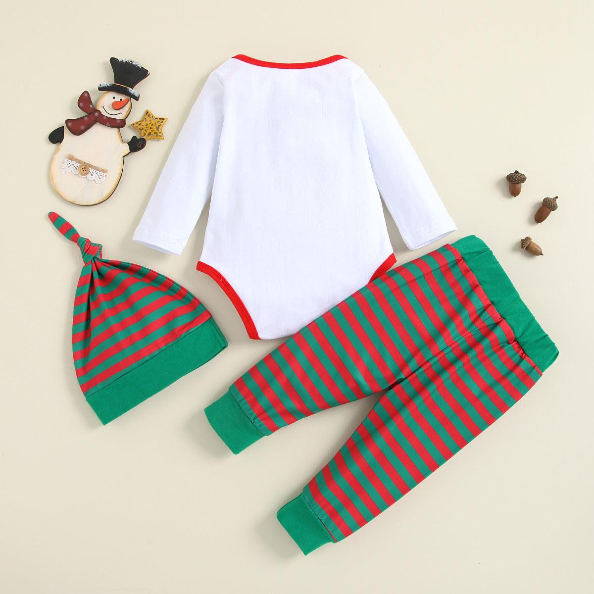 Baby Christmas Clothes Long Sleeved Jumpsuit Striped Trousers Hat Three Piece Set