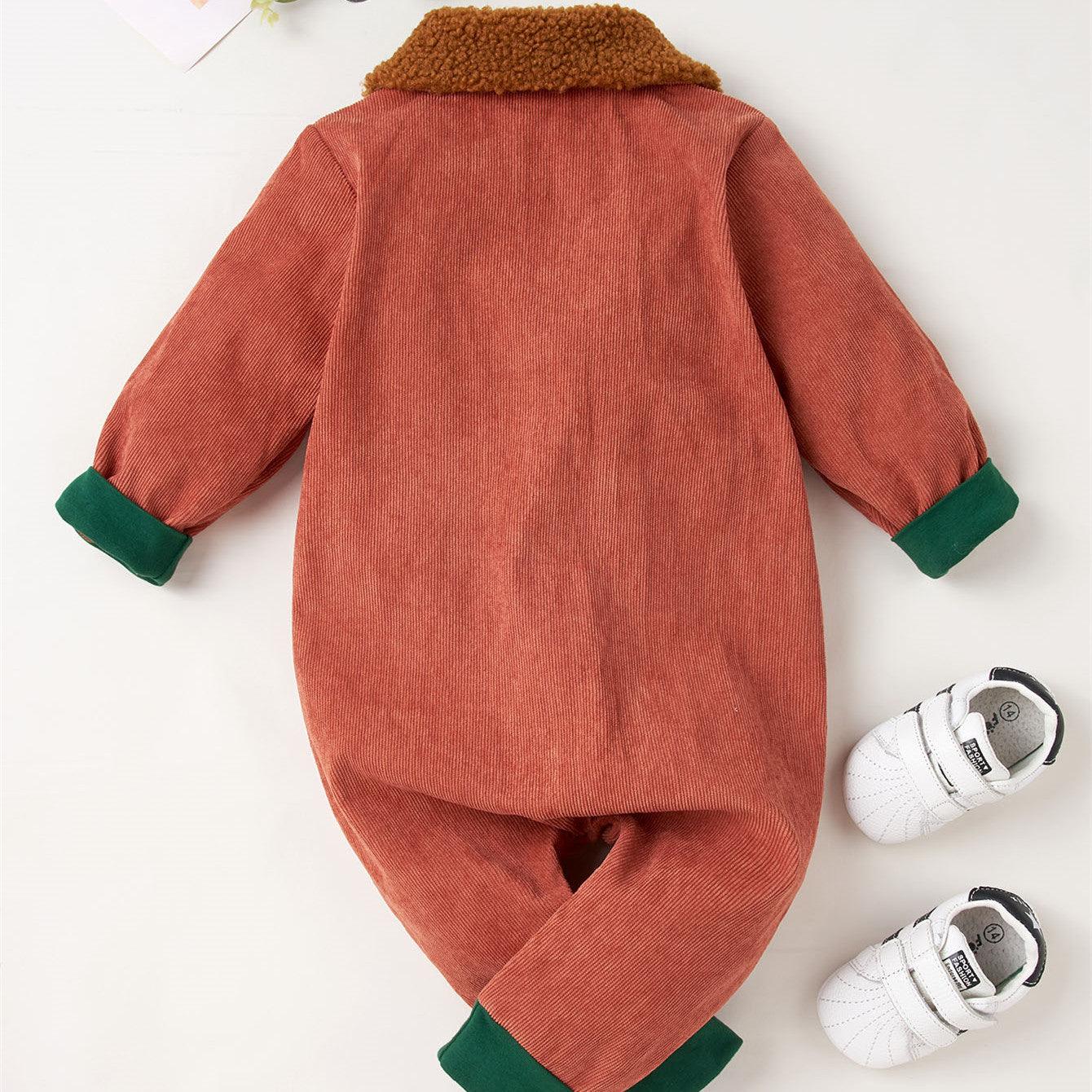 Baby Boys Velvet Collar Brown Long Sleeved Jumpsuit