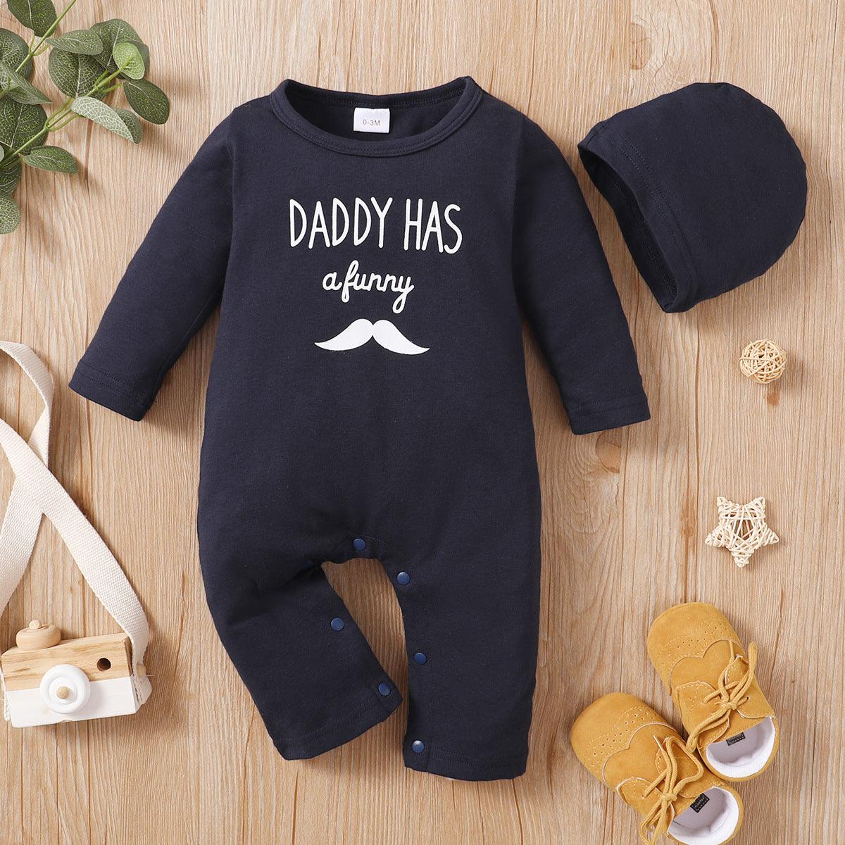 Baby Boys Solid Letter Cartoon Moustache Printed Long Sleeve Jumpsuit Hat Set