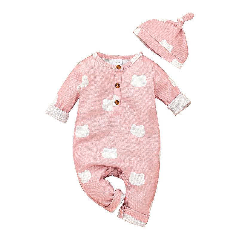 Baby Boys Girls Solid Color Lovely Printed Long Sleeve Jumpsuit Hat Set